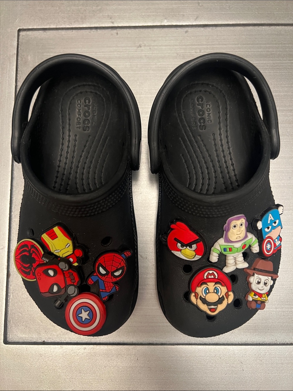 Crocs Classic Clog, toddler size 9c. Black with charms - Picture 3 of 8